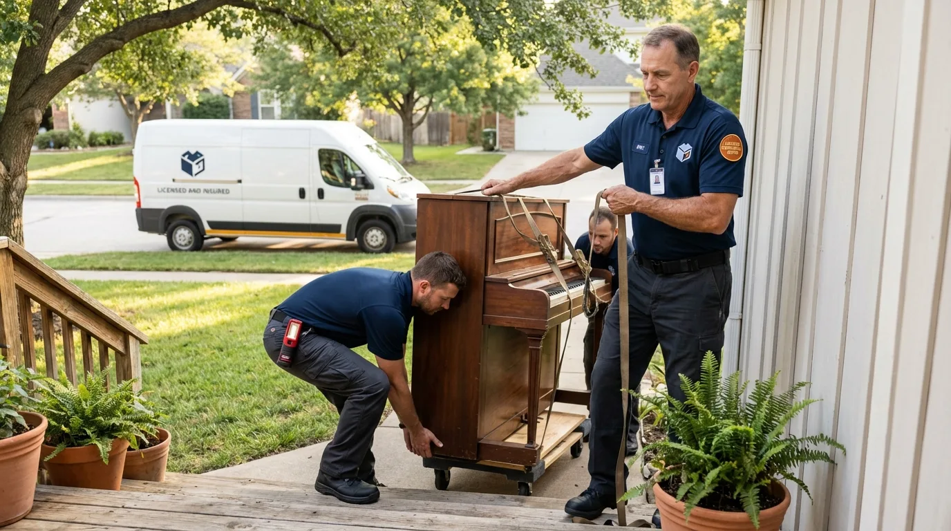Licensed piano movers securing grand piano in Ridgeland, MS