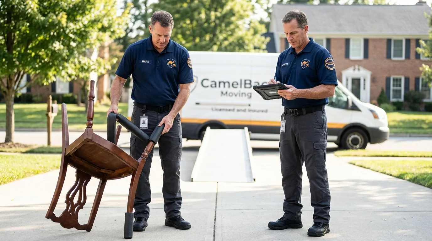 Movers inspecting furniture for damage prevention before loading in Ridgeland, MS